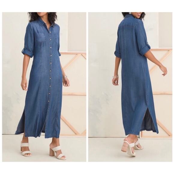 Chico's Chambray Denim Maxi Button Down Shirt Dress 3/4 Roll Tab Sleeves Size 8 - Picture 1 of 13